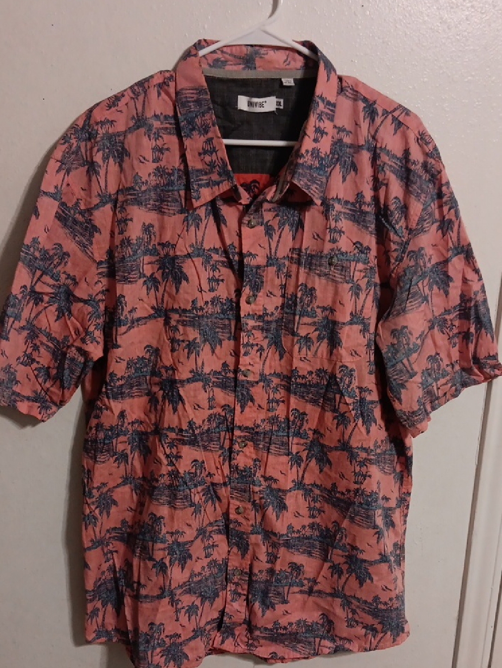 Univibe Coral color with Navy Hawaian Style Palm-Print Button Shirt